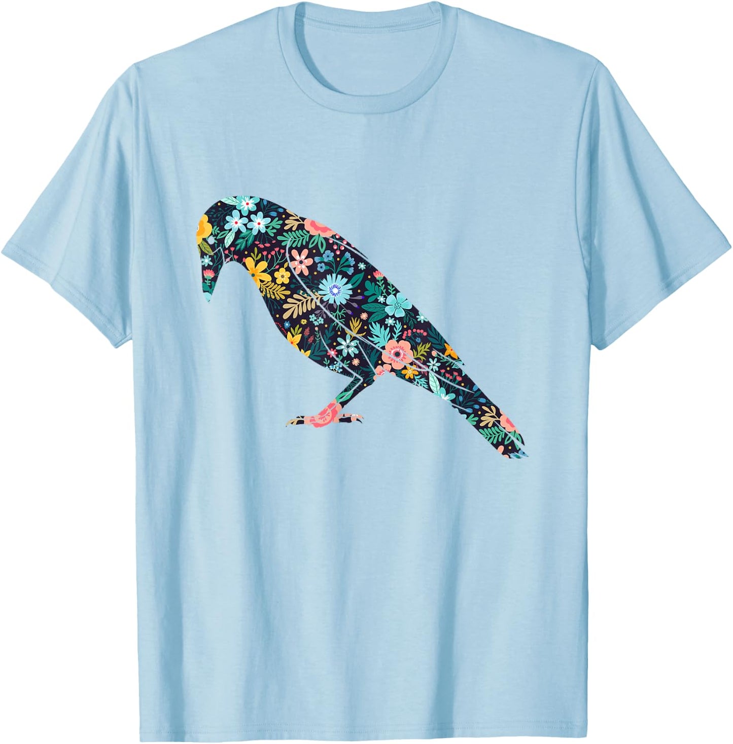 Floral Crow Silhouette Girls Graphic Raven T-Shirt - T-Shirt | Light Blue