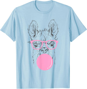 Cute Llama Face Eating Gum And Makes A Bubble Cool Llama T-Shirt - T-Shirt | Light Blue