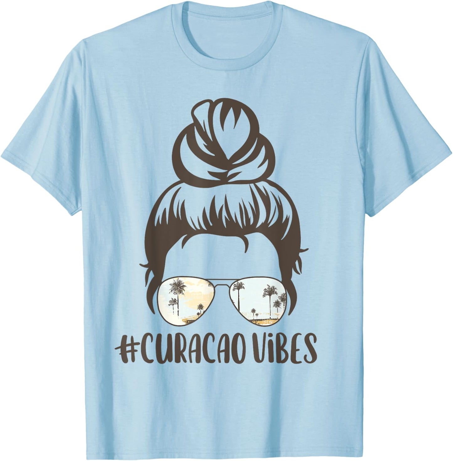 Curacao Tropical Island Vibes Messy Bun Palm Tree Sunset T-Shirt - T-Shirt | Light Blue