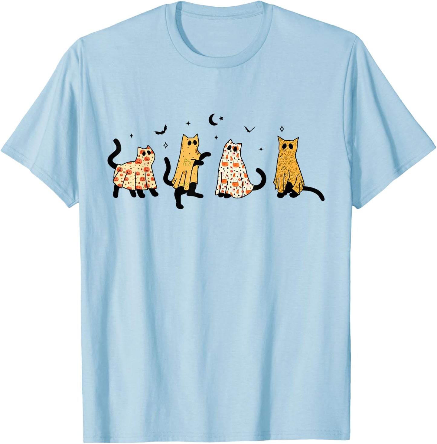 Funny Black Cats Ghost Halloween Pattern Cat Lovers Costume T-Shirt - T-Shirt | Light Blue
