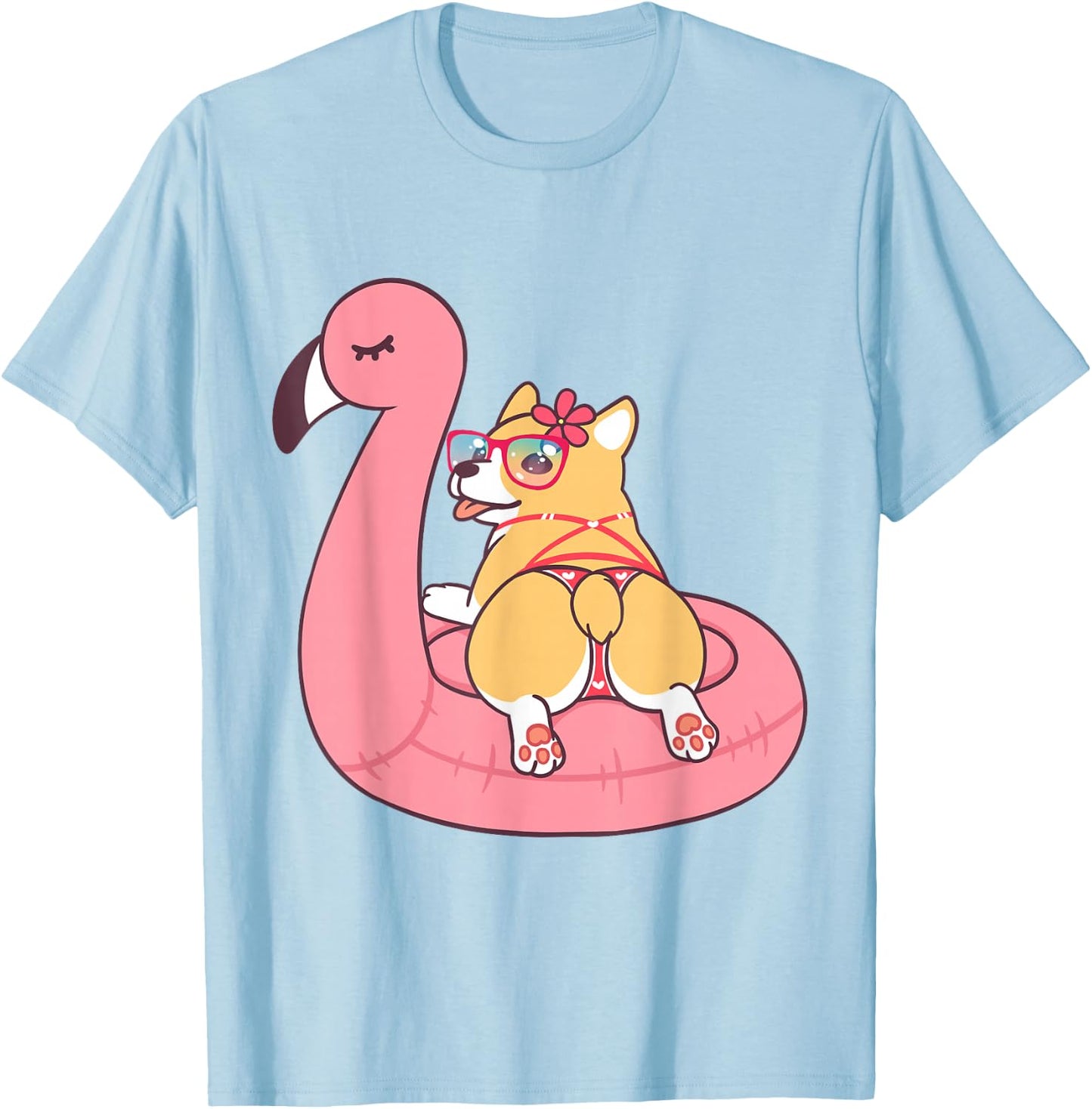 Corgi Butt Dog Bikini Pink Flamingo Float Funny Gift T Shirt T-Shirt - T-Shirt | Light Blue