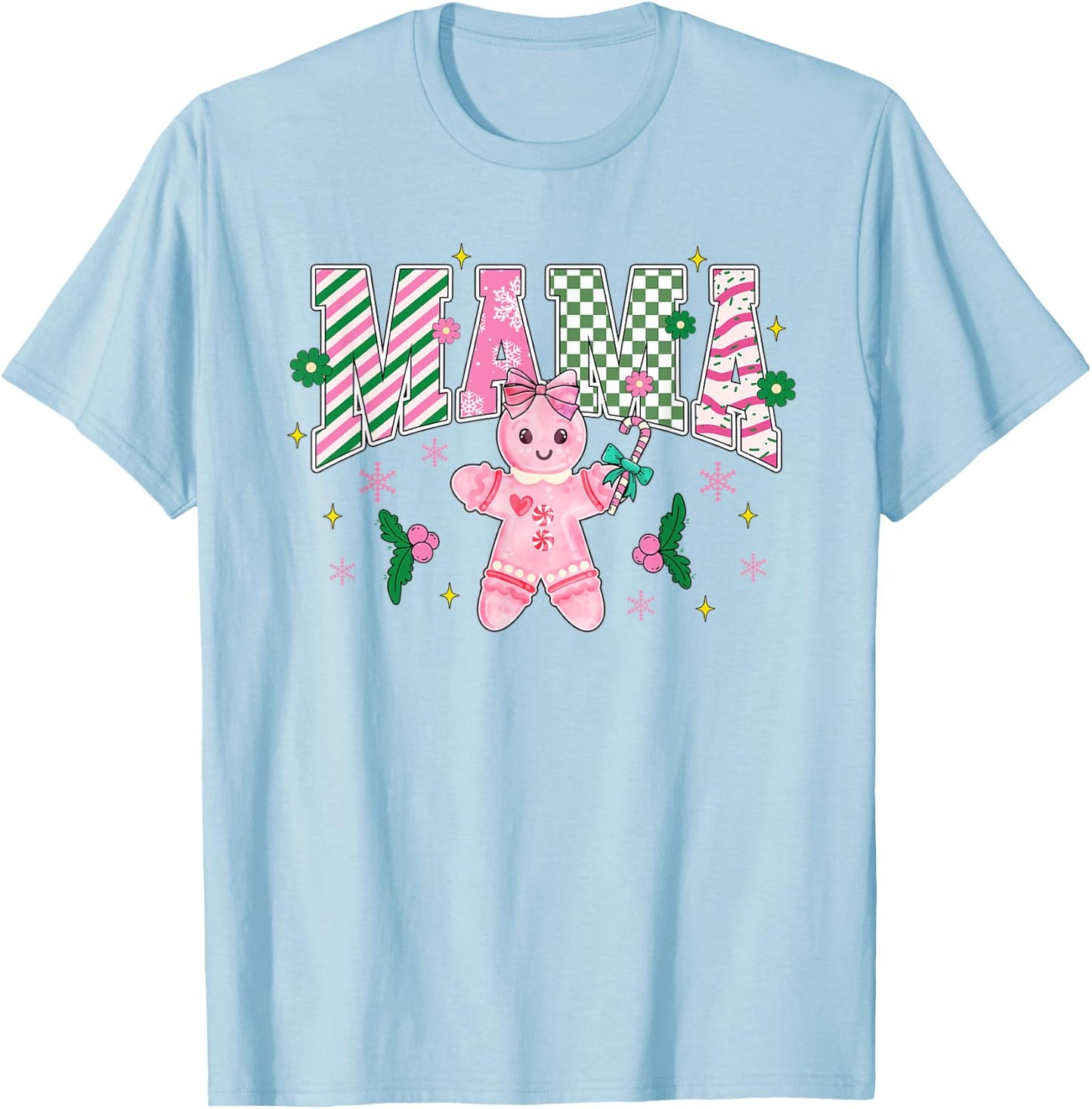Women Girly Pink Christmas Mama Gingerbread Coquette T-Shirt - T-Shirt | Light Blue