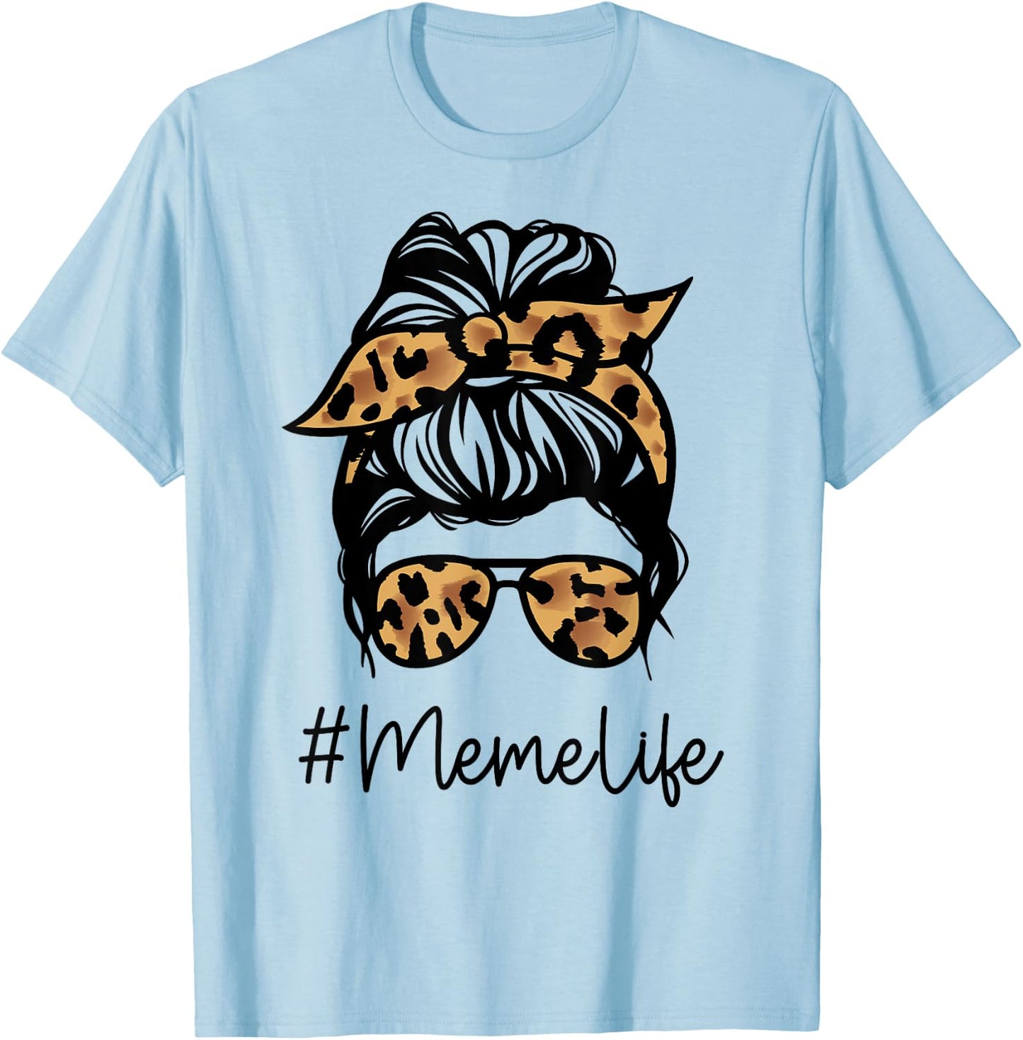 MEME Leopard Messy Bun Mother's Day for Grandmothers T-Shirt - T-Shirt | Light Blue