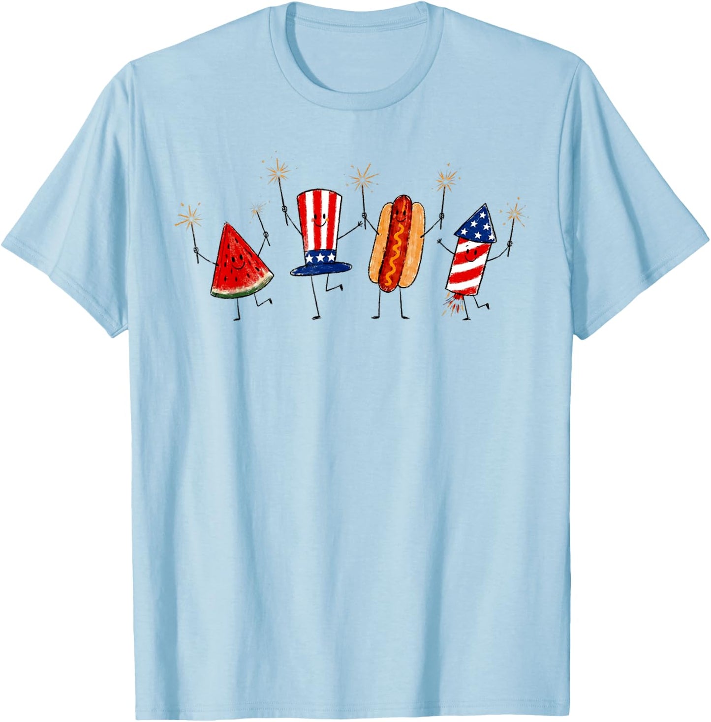 4th of July Cute Watermelon Hot Dog Firework T-Shirt - T-Shirt | Light Blue