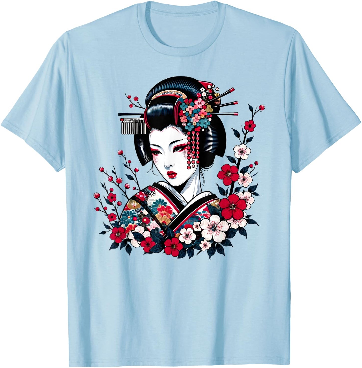 Geisha Beauty Blossom Art Traditional Japanese Culture , white, S T-Shirt - T-Shirt | Light Blue