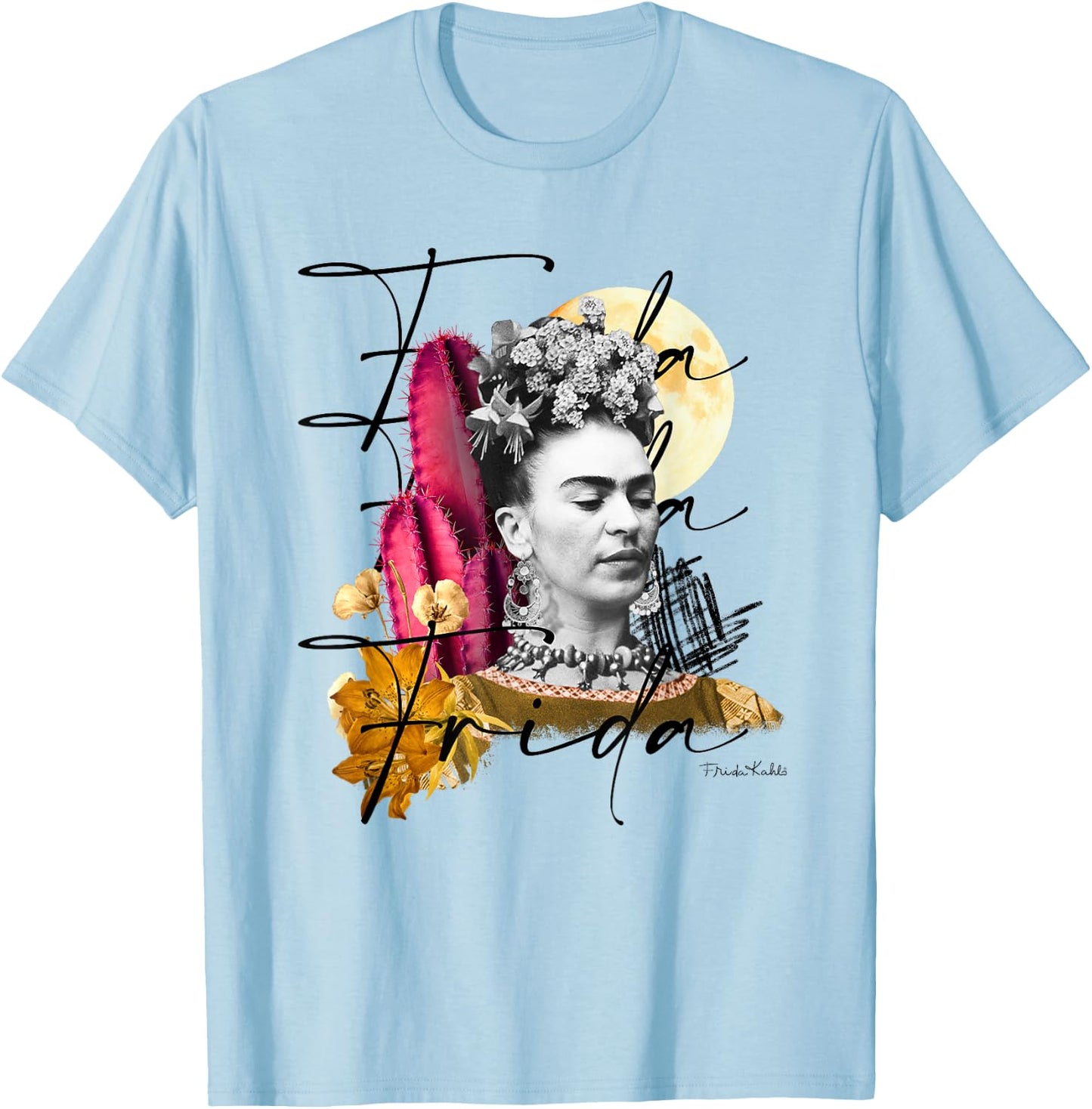 Frida Kahlo - Damen , Weiß, S, Kurzarm, Klassisch, Kunst, Asymmetrisch T-Shirt - T-Shirt | Light Blue