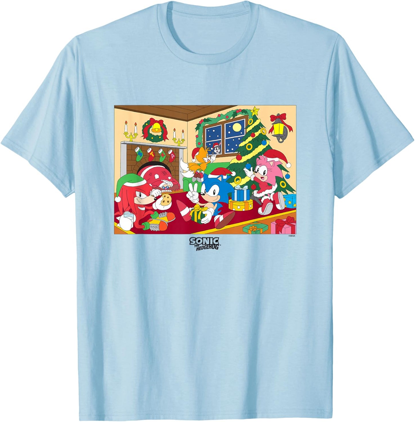 Sonic The Hedgehog Christmas Together for The Holidays Shot T-Shirt - T-Shirt | Light Blue