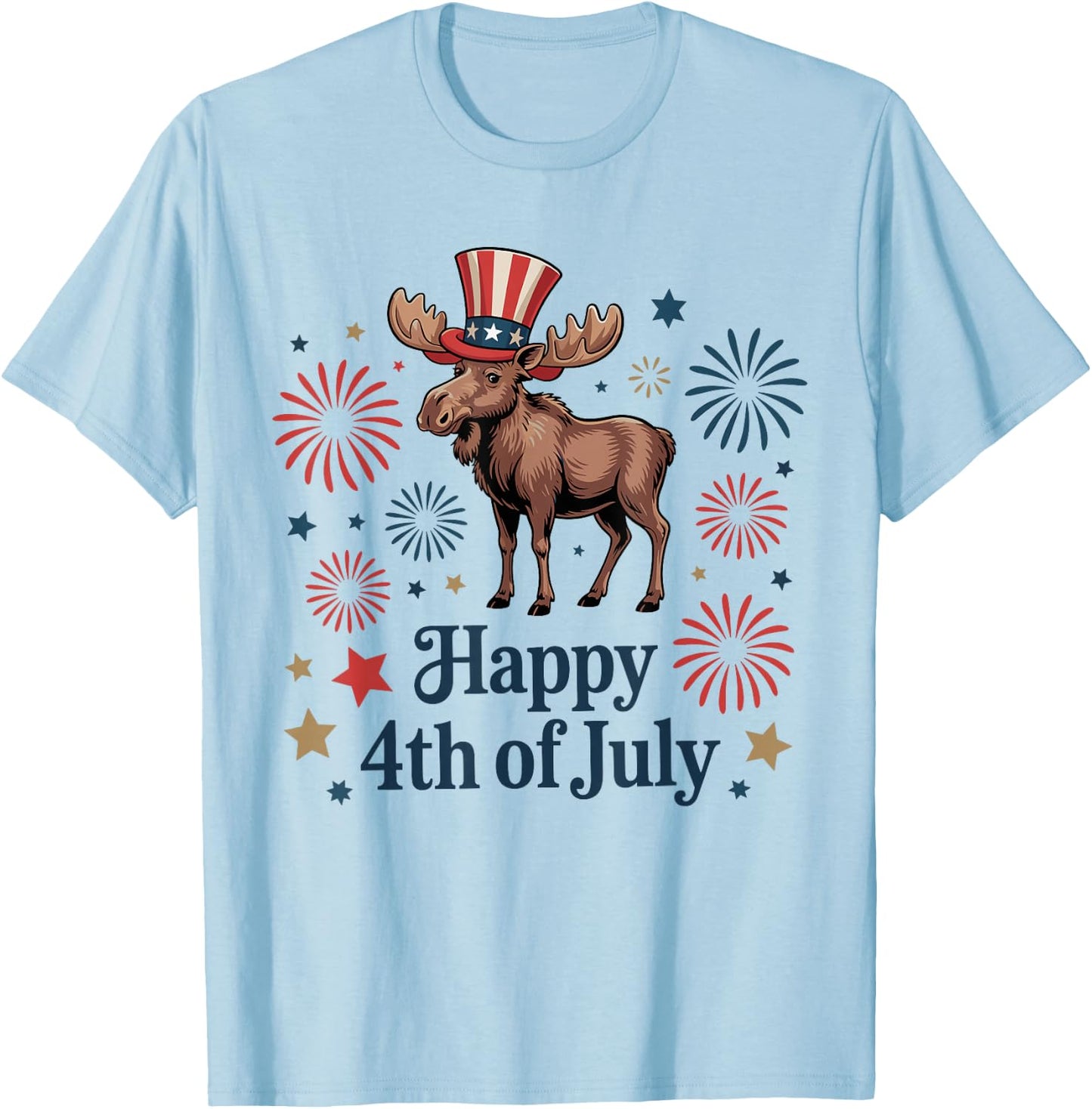 Happy 4th of July Patriotic Moose Animals Lovers Fireworks T-Shirt - T-Shirt | Light Blue