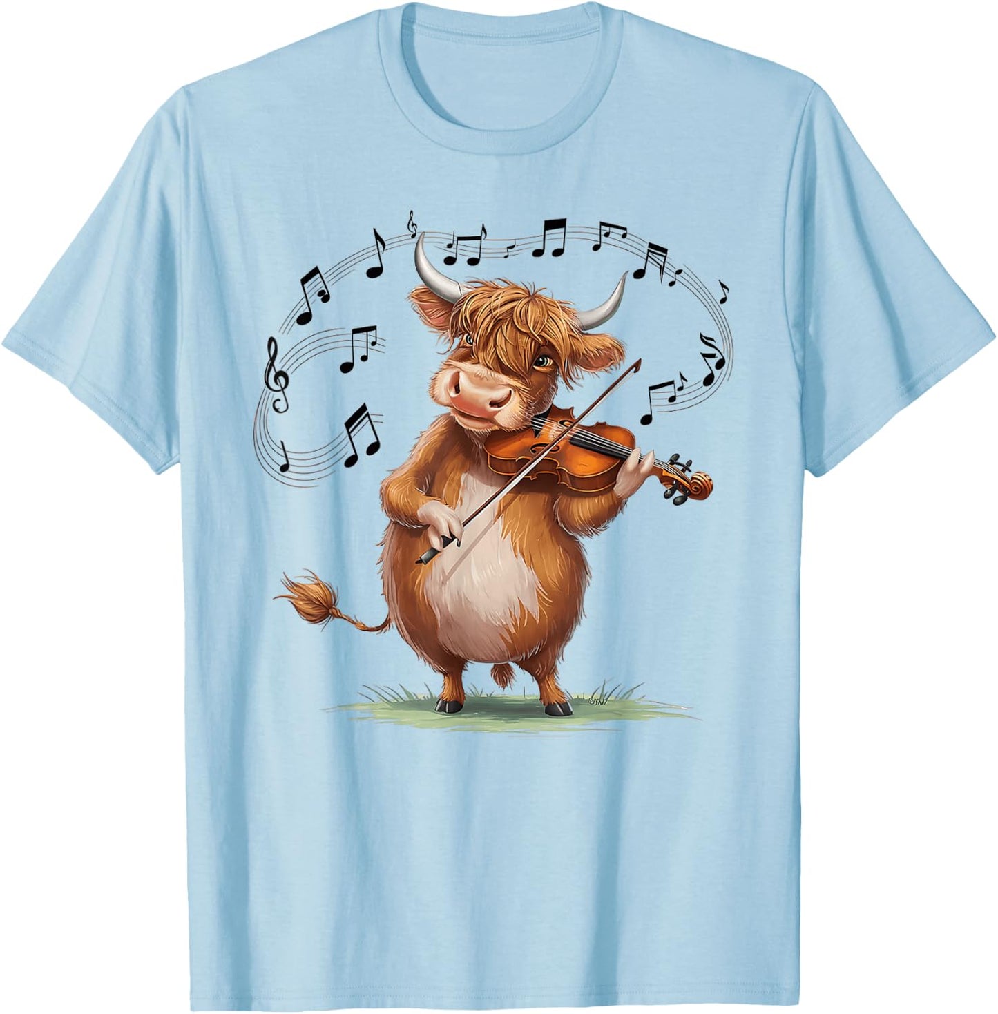 Funny Musician Violinist Cute Highland Cow Playing Violin T-Shirt - T-Shirt | Light Blue