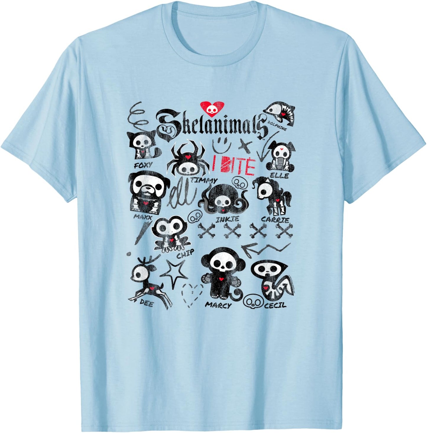 Skelanimals I Bite Vintage Retro Dead Pet Textbook Collage T-Shirt - T-Shirt | Light Blue