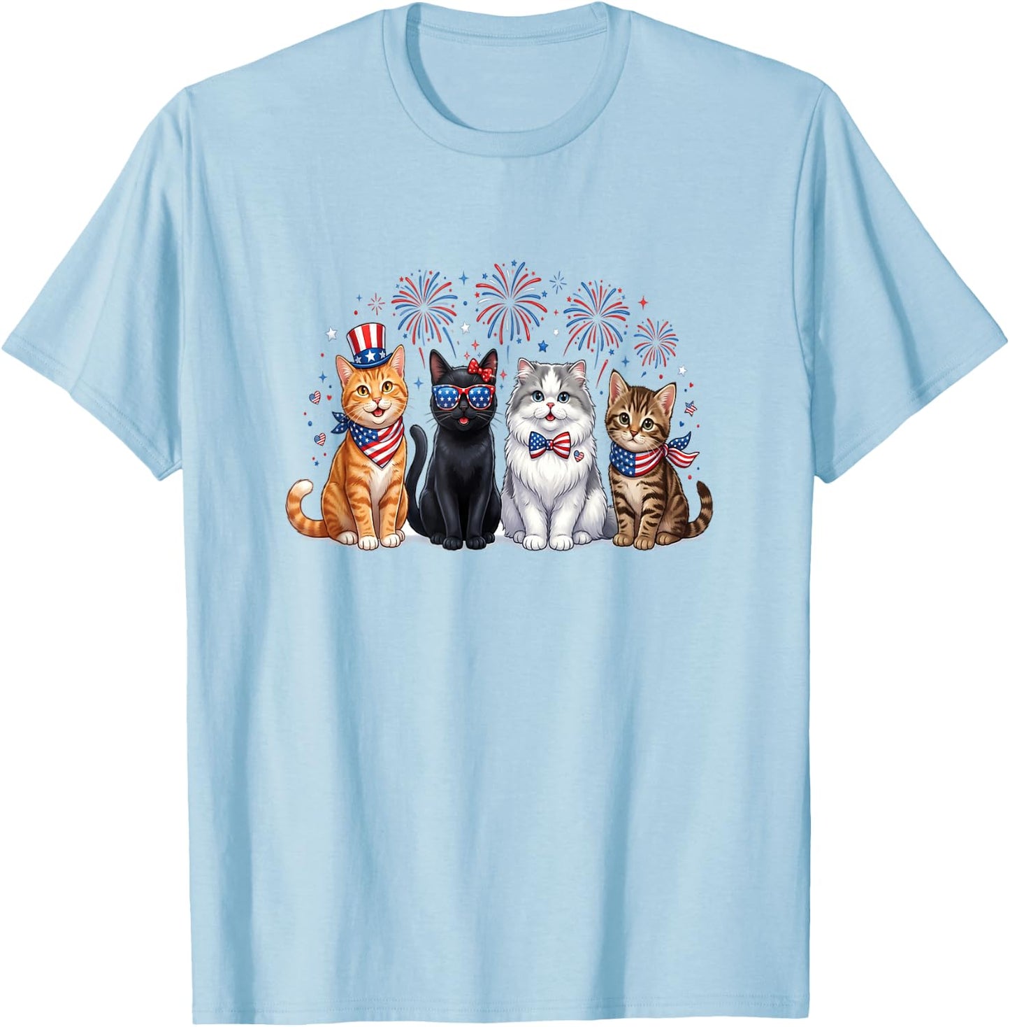 Patriotic Cats Fireworks 4th of July Cat Lovers T-Shirt - T-Shirt | Light Blue