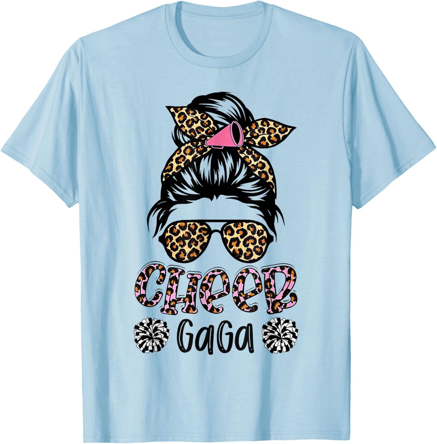 Cheer Gaga Leopard Messy Bun Cheerleader Mother's Day T-Shirt - T-Shirt | Light Blue