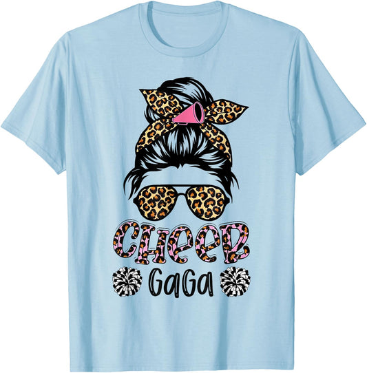 Cheer Gaga Leopard Messy Bun Cheerleader Mother's Day T-Shirt - T-Shirt | Light Blue