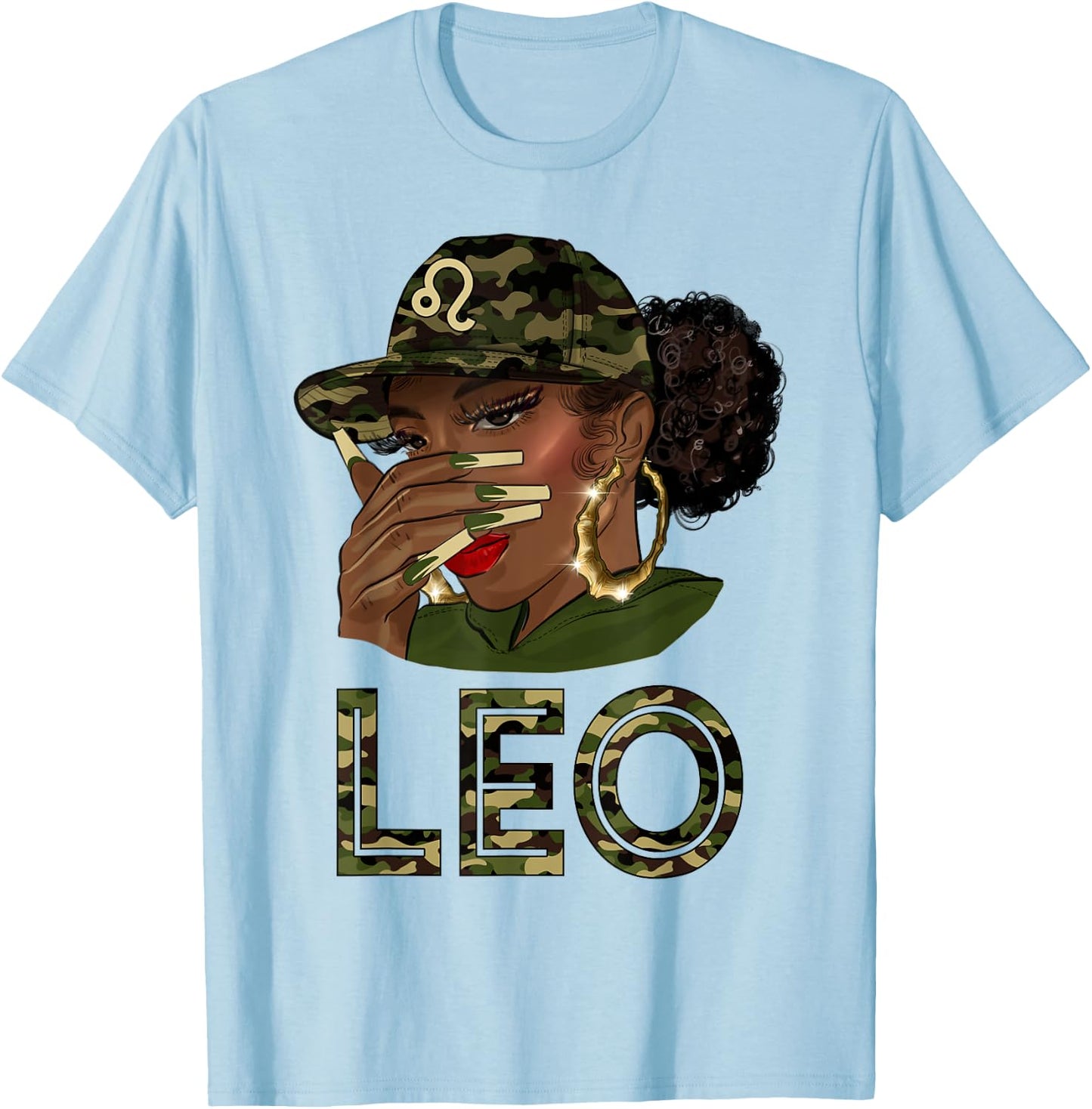 Leo Queen Black Girl With Cap Camo Afro Woman Zodiac T-Shirt - T-Shirt | Light Blue