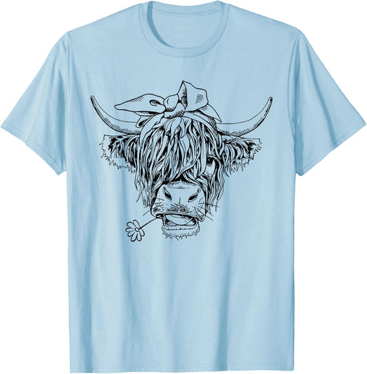 Highland Cow Western Girls Bandana Highlander Cow Print T-Shirt - T-Shirt | Light Blue