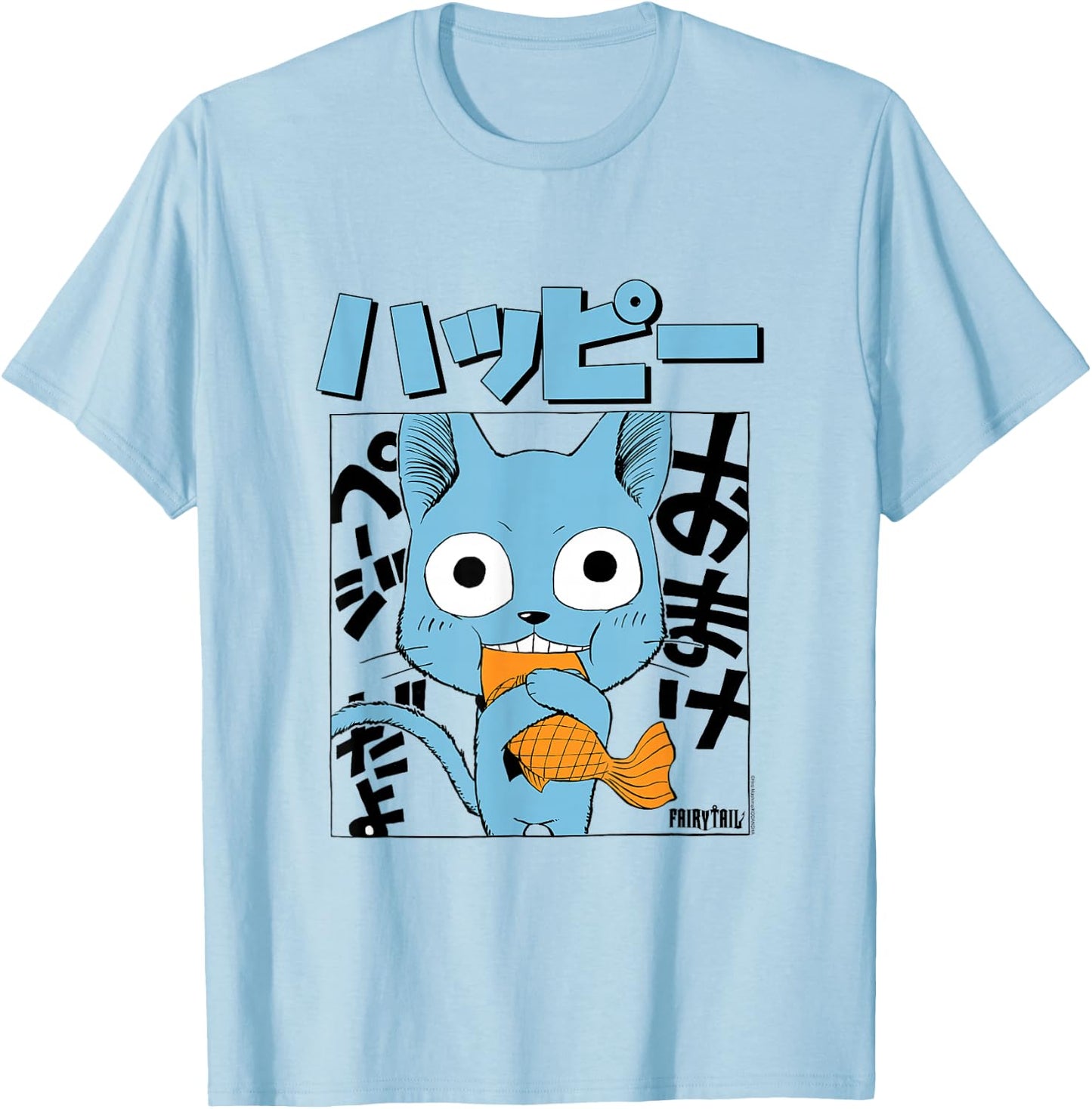 Fairy Tail Manga Happy Eating Fish T-Shirt - T-Shirt | Light Blue