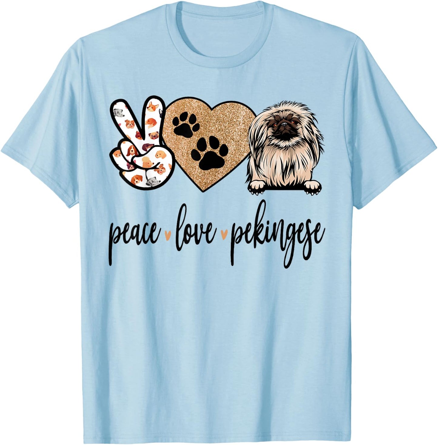 Funny Peace Love Pekingese Dog Lover T-Shirt - T-Shirt | Light Blue
