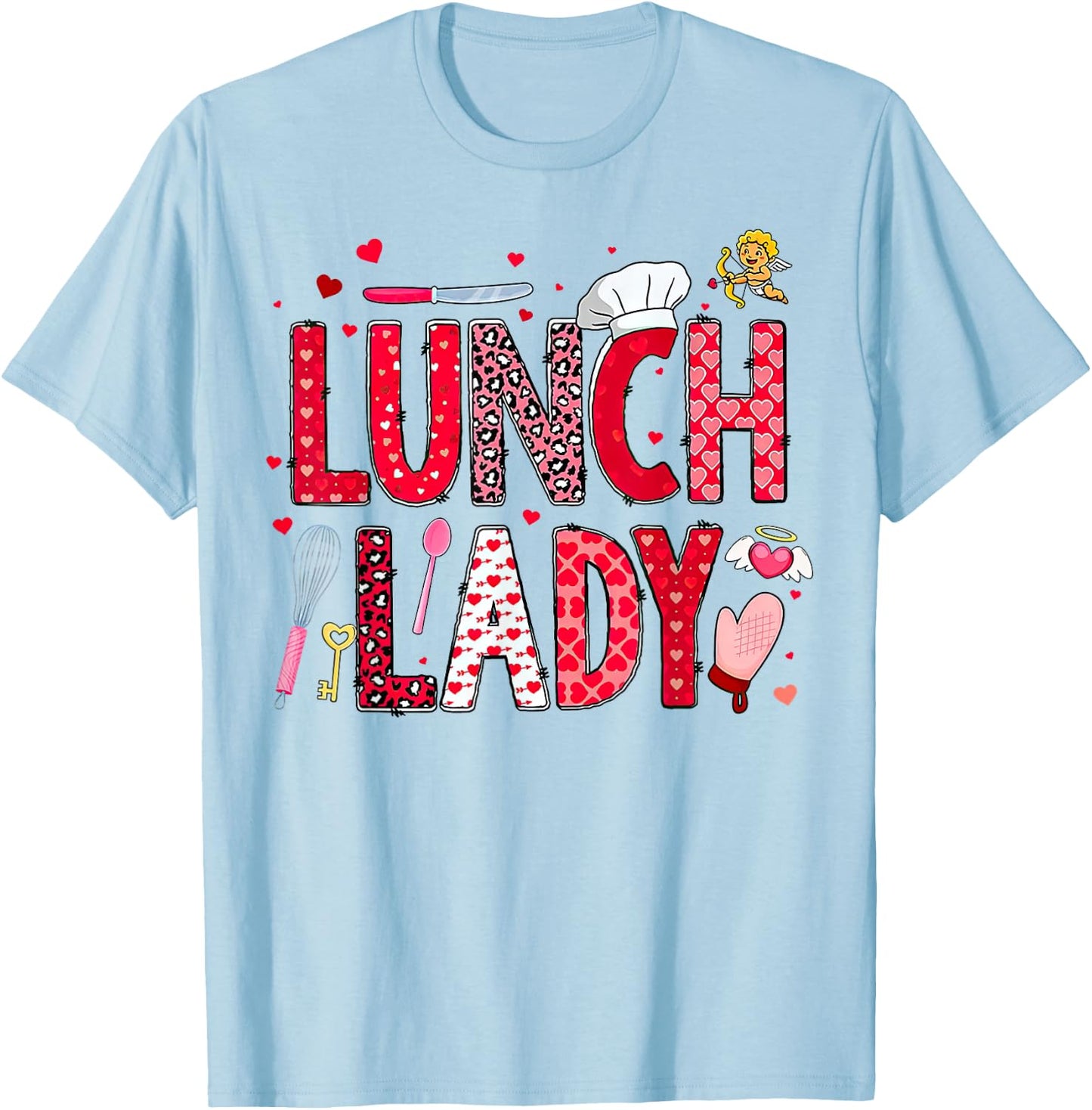 Lunch Lady Leopard Heart Valentine's Day Cafeteria Crew T-Shirt - T-Shirt | Light Blue