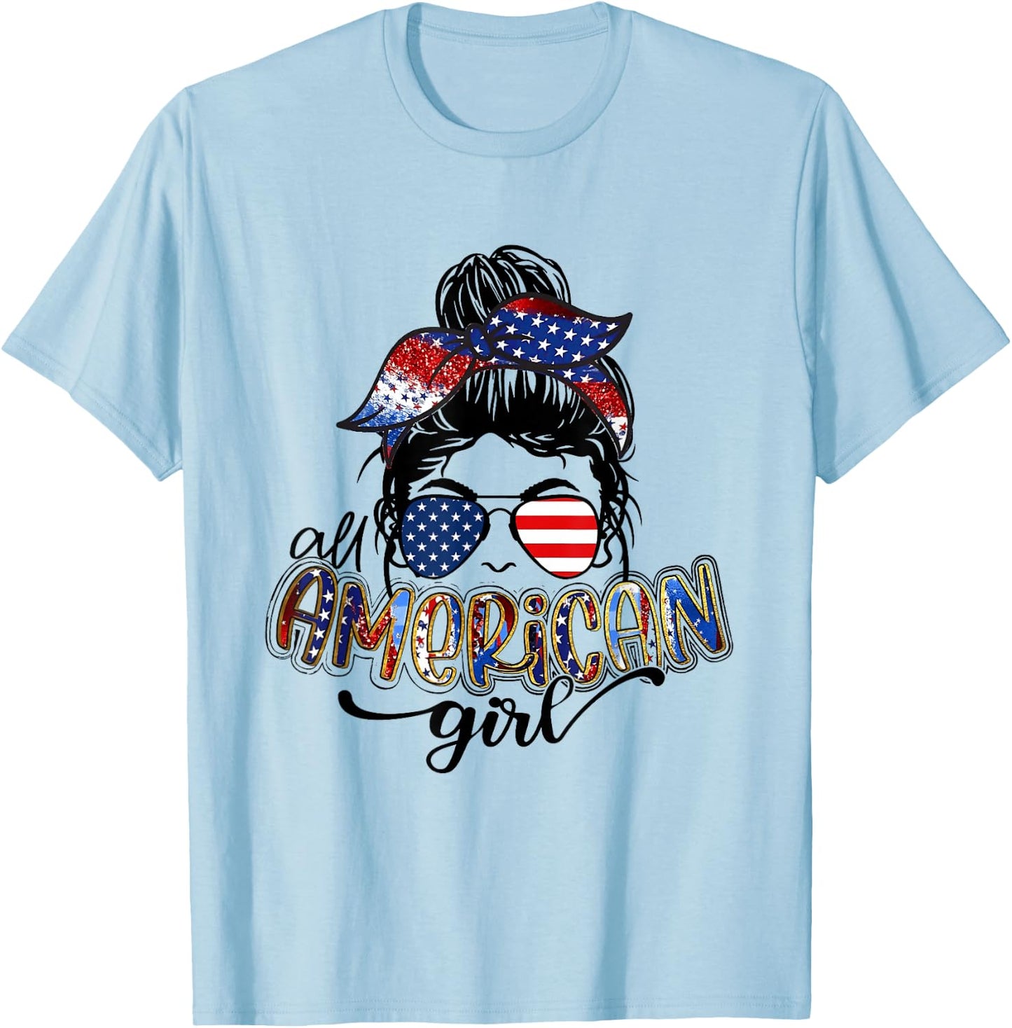 All American Girls Messy Bun Leopard 4th of July Flag T-Shirt - T-Shirt | Light Blue