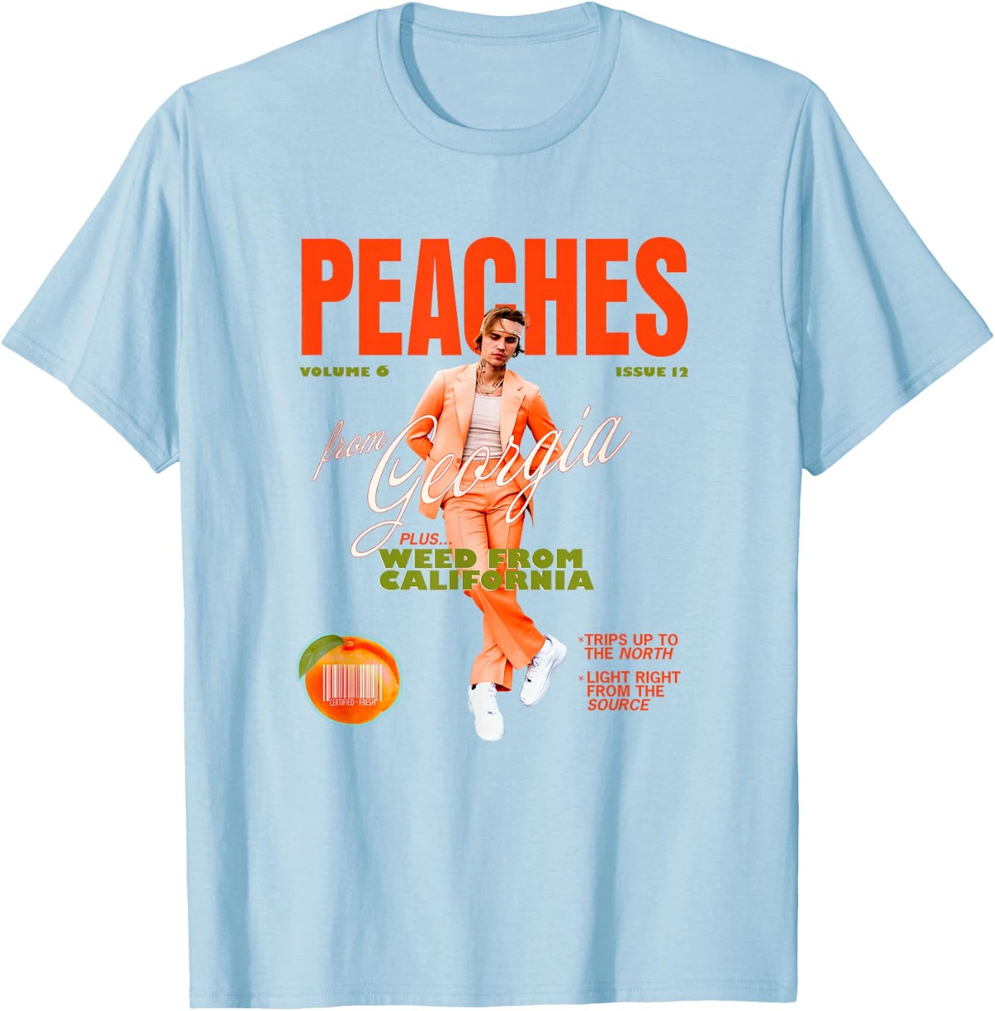 Official Justin Bieber Peaches White , White T-Shirt - T-Shirt | Light Blue