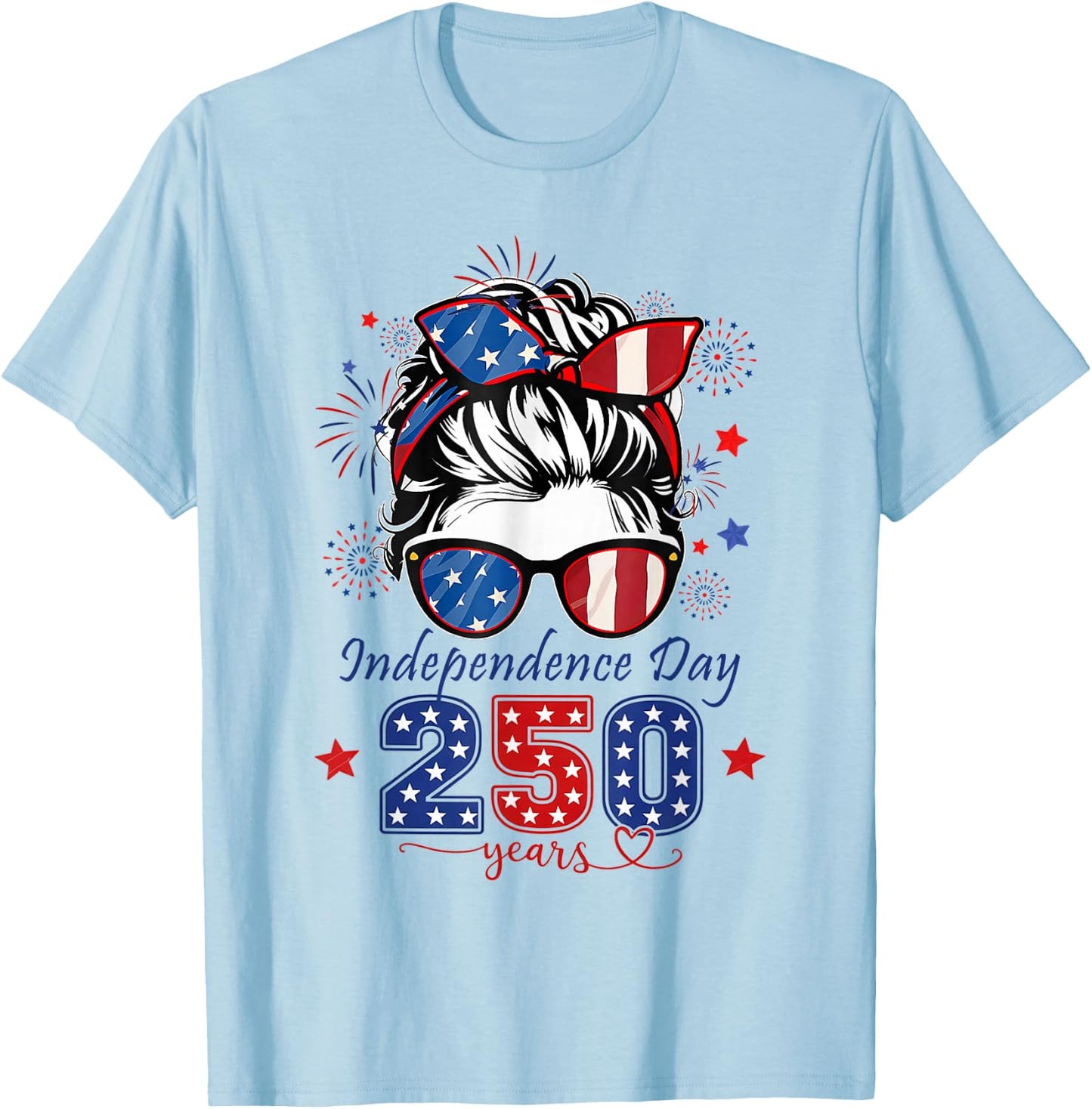 USA 250th Anniversary Messy Bun Women Celebrate 1776 2026 T-Shirt - T-Shirt | Light Blue