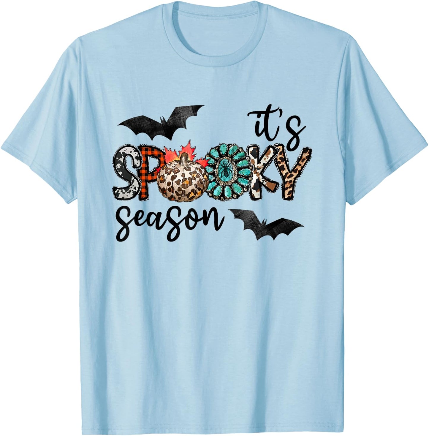 It's Spooky Season Pumpkin Leopard T-Shirt - T-Shirt | Light Blue