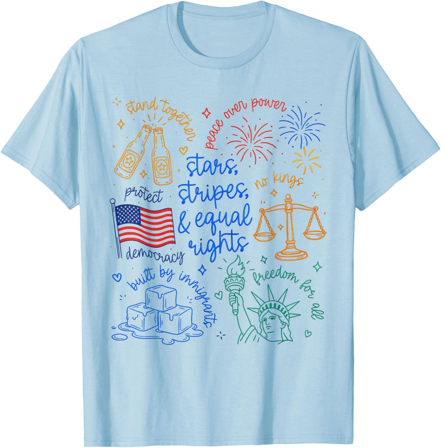 Stars Stripes & Equal Right Doodle USA Political Liberal T-Shirt - T-Shirt | Light Blue