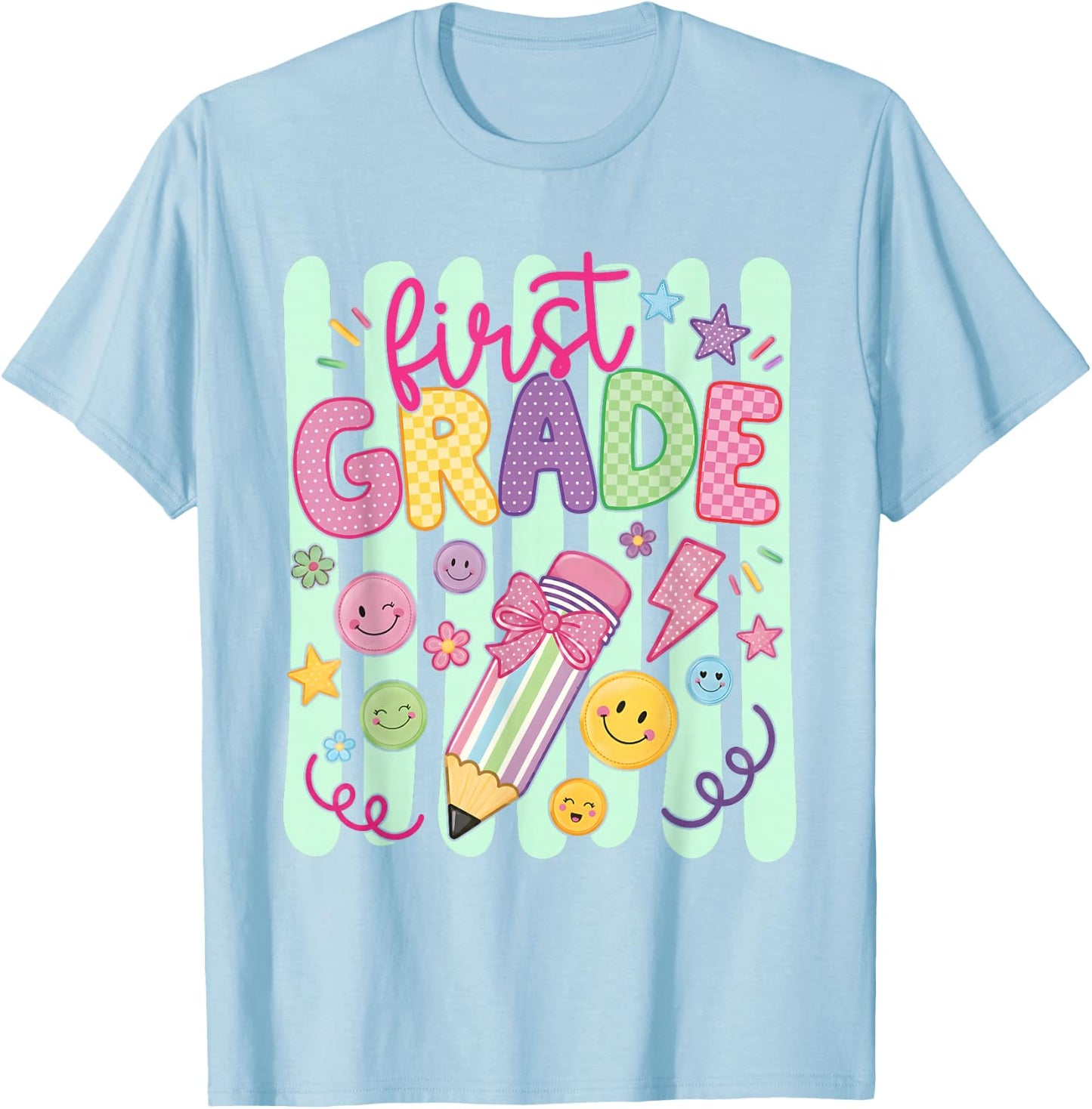 Preppy First Grade Back to School Pencil Student Teacher Kid T-Shirt - T-Shirt | Light Blue