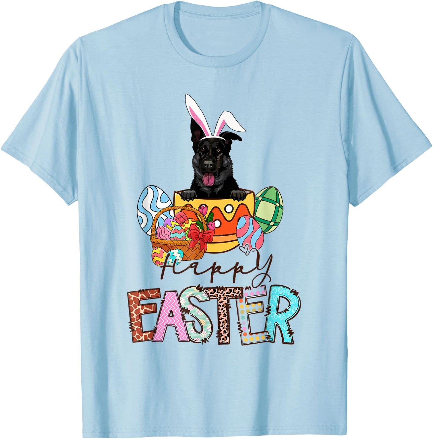 Happy Easter Peeking Black German Shepherd Bunny Ear Dog T-Shirt - T-Shirt | Light Blue
