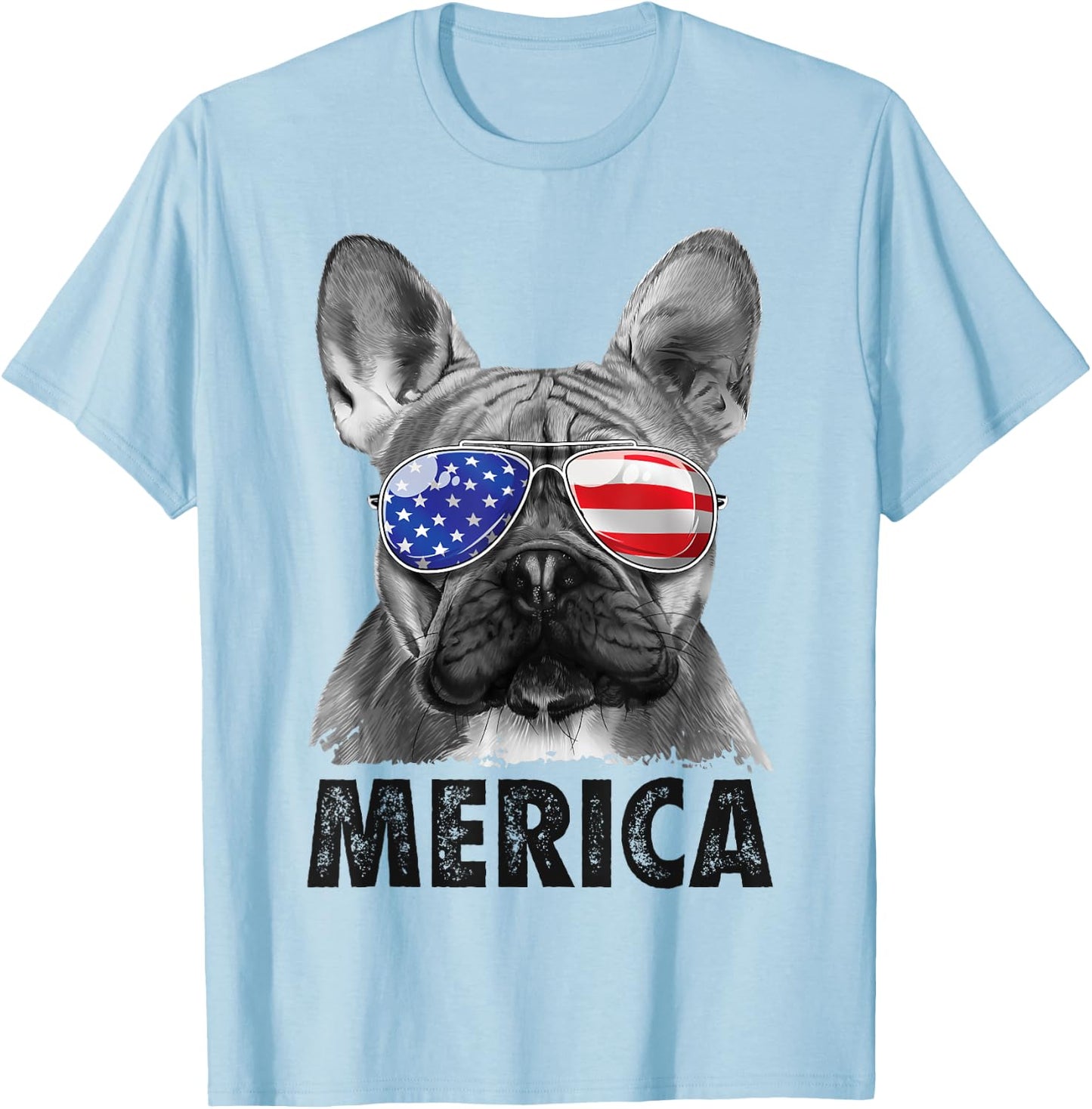 French Bulldog 4th of July Merica American Flag Sunglasses T-Shirt - T-Shirt | Light Blue