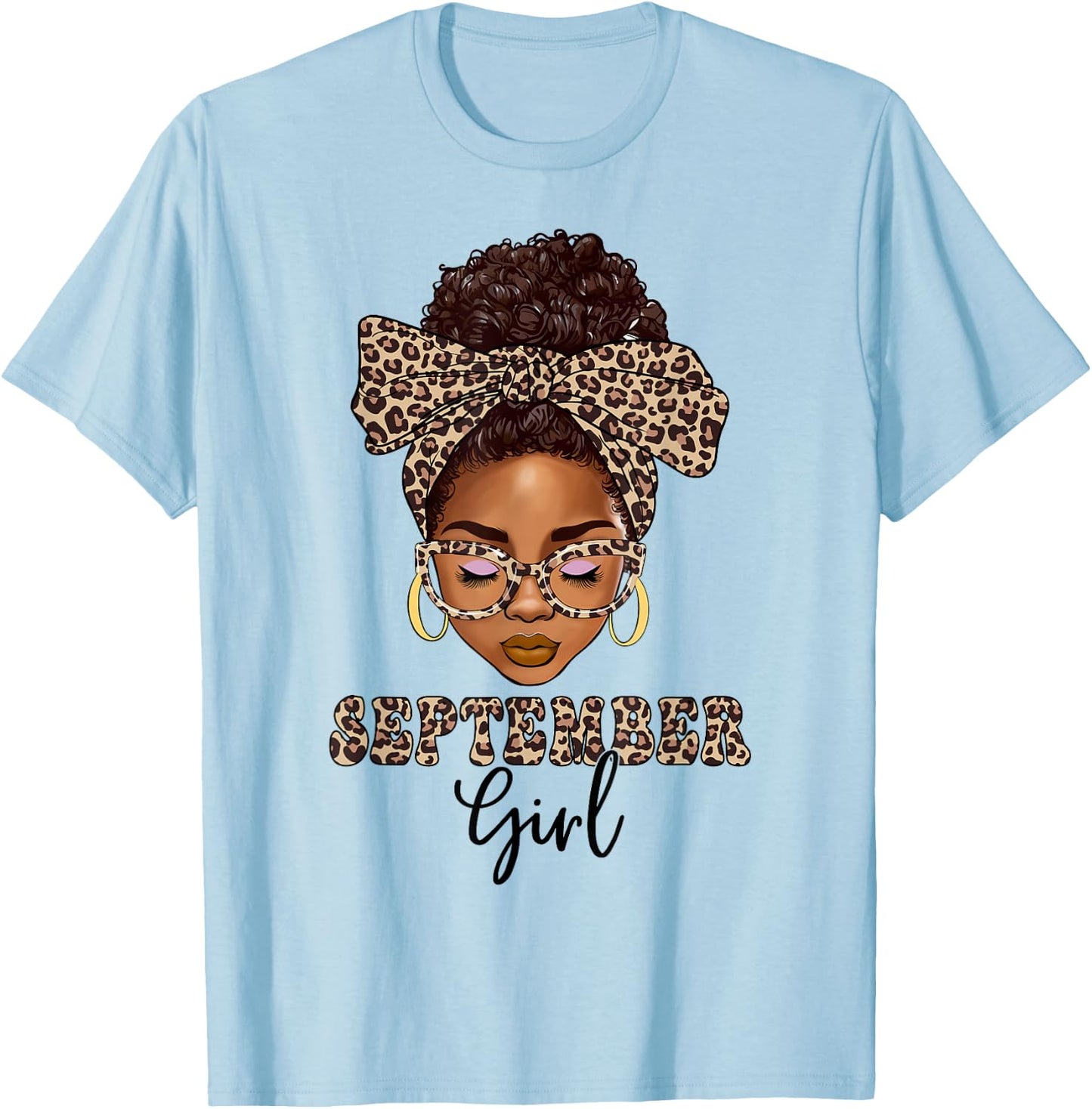 September Girls Messy Bun Leopard Black Women Birthday T-Shirt - T-Shirt | Light Blue