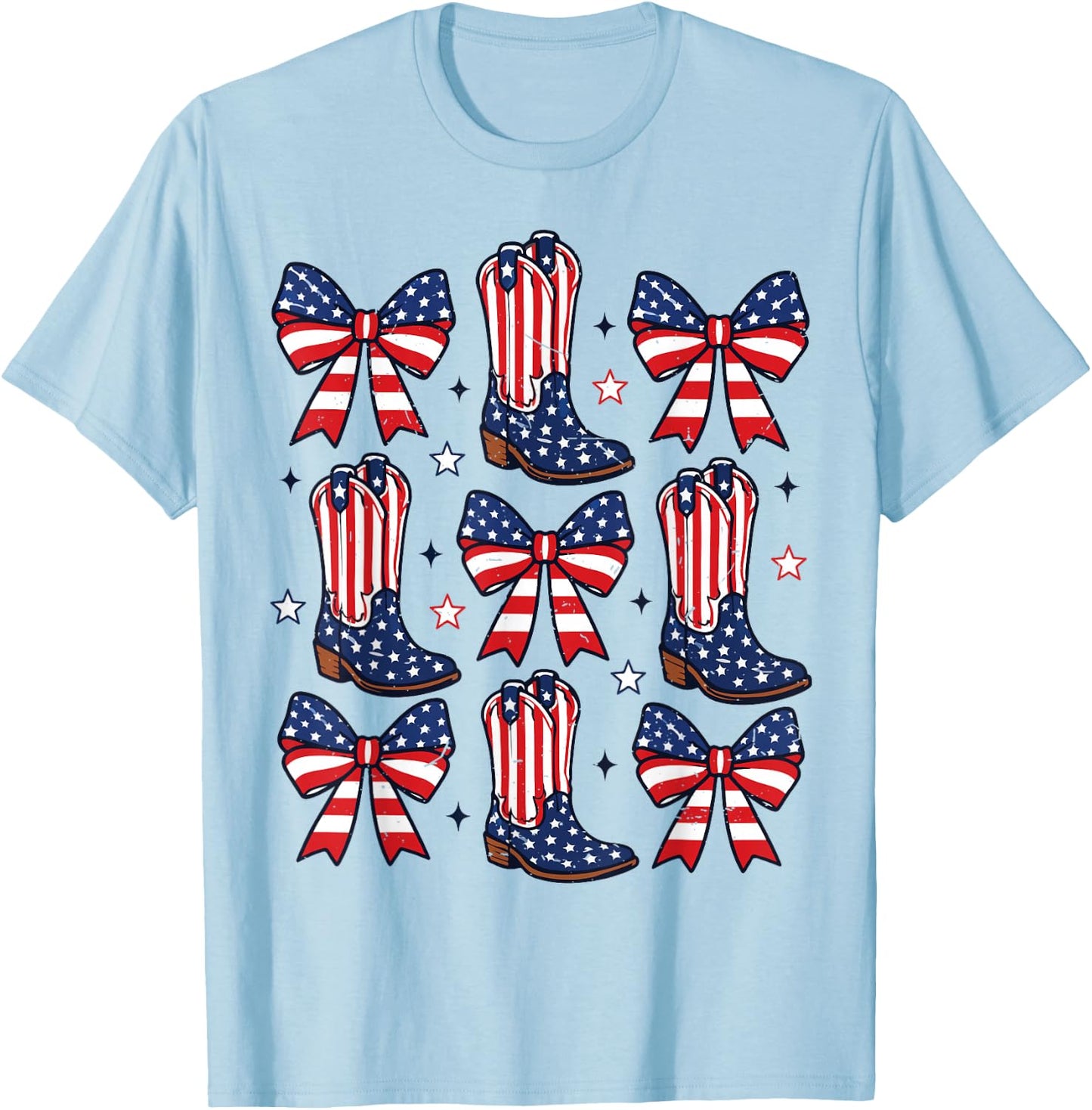 Girl 4th July Cowboy Boots Bows Cowgirl American Flag Rodeo T-Shirt - T-Shirt | Light Blue
