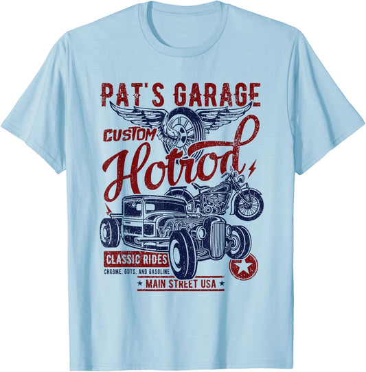 Pat's Garage Hotrod Classic Rides Distressed Design T-Shirt - T-Shirt | Light Blue