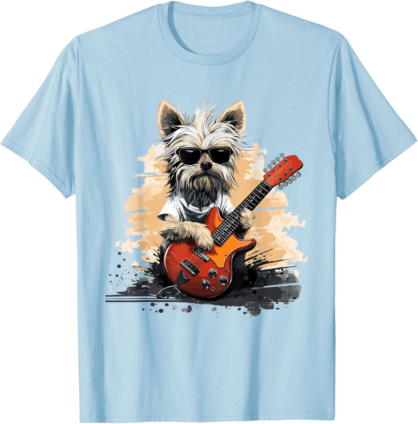 Cool Yorkshire Terrier Playing Guitar Print Art Yorkie Lover T-Shirt - T-Shirt | Light Blue