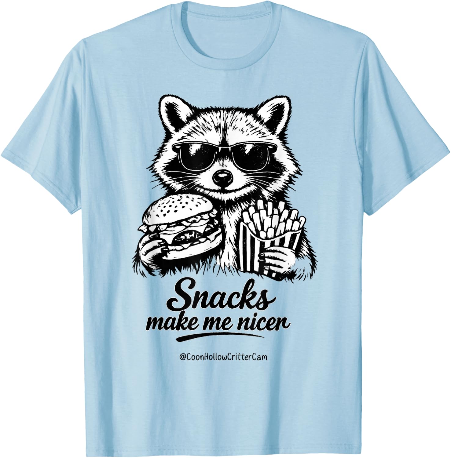 Funny Raccoon, Snacks Make Me Nicer, Feral T-Shirt - T-Shirt | Light Blue