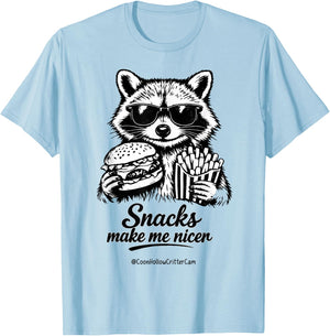 Funny Raccoon, Snacks Make Me Nicer, Feral T-Shirt - T-Shirt | Light Blue