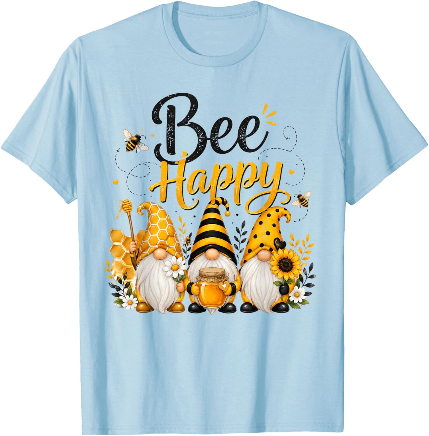 Bee Happy Gnomes with Honey Bees Cute Beekeeping Design T-Shirt - T-Shirt | Light Blue