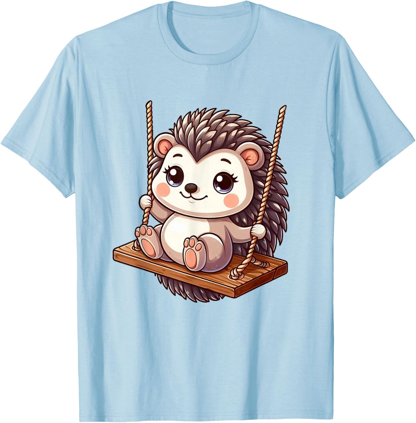 Swinging Hedgehog on a Swing , White T-Shirt - T-Shirt | Light Blue