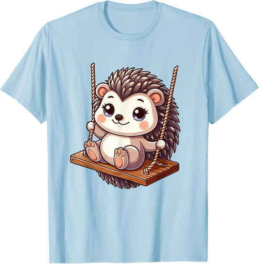 Swinging Hedgehog on a Swing , White T-Shirt - T-Shirt | Light Blue