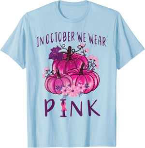 In October We Wear Pink Pumpkins Halloween Breast Cancer T-Shirt - T-Shirt | Light Blue