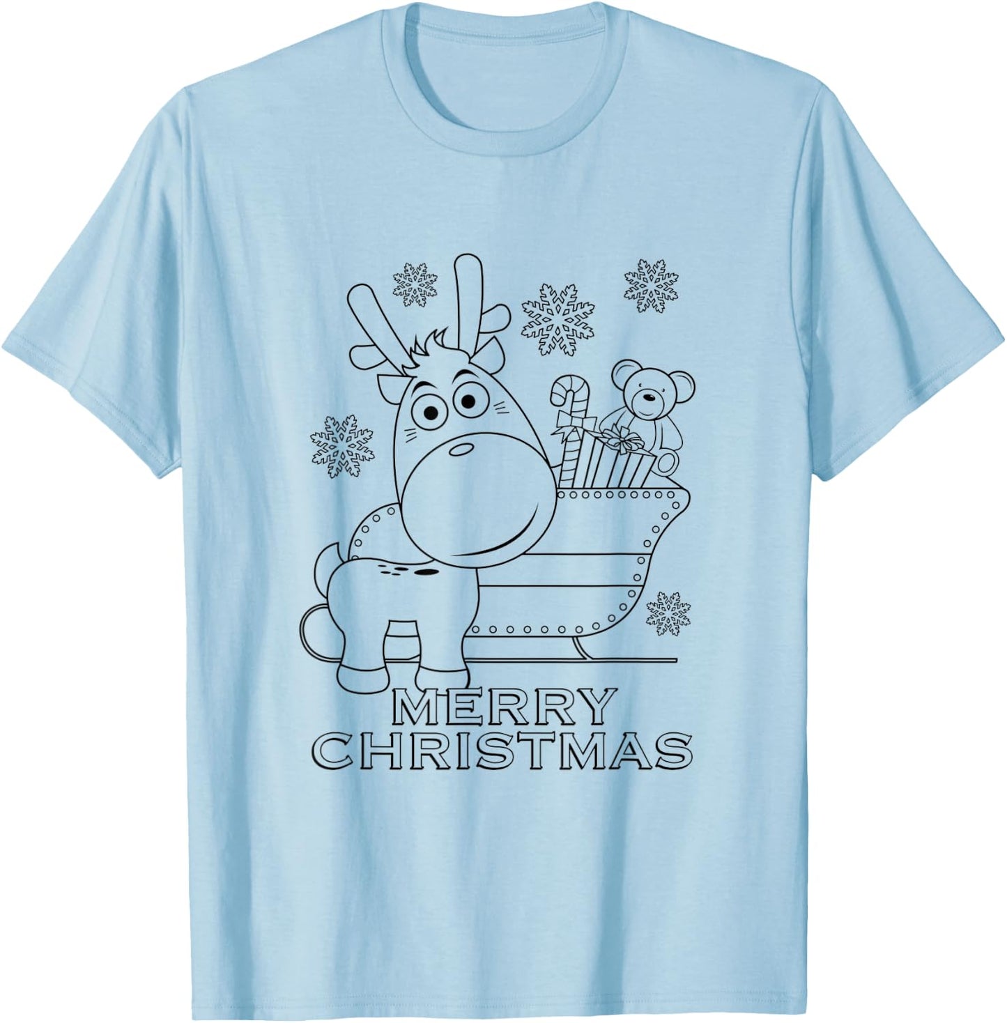 Coloring Book Style Blank Merry Christmas Tree Reindeer T-Shirt - T-Shirt | Light Blue