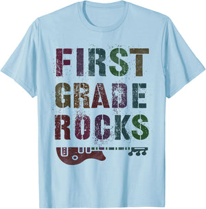 Vintage 1st GRADE ROCKS Teacher Rockstar FIRST ABCD My Jam T-Shirt - T-Shirt | Light Blue