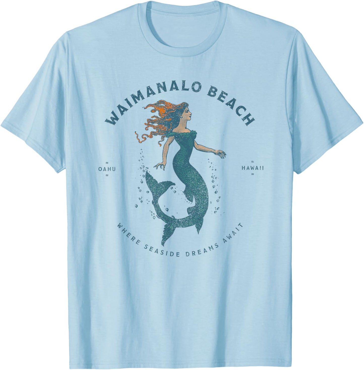 Waimanalo Beach Park Oahu Hawaii Retro Vintage Mermaid T-Shirt - T-Shirt | Light Blue