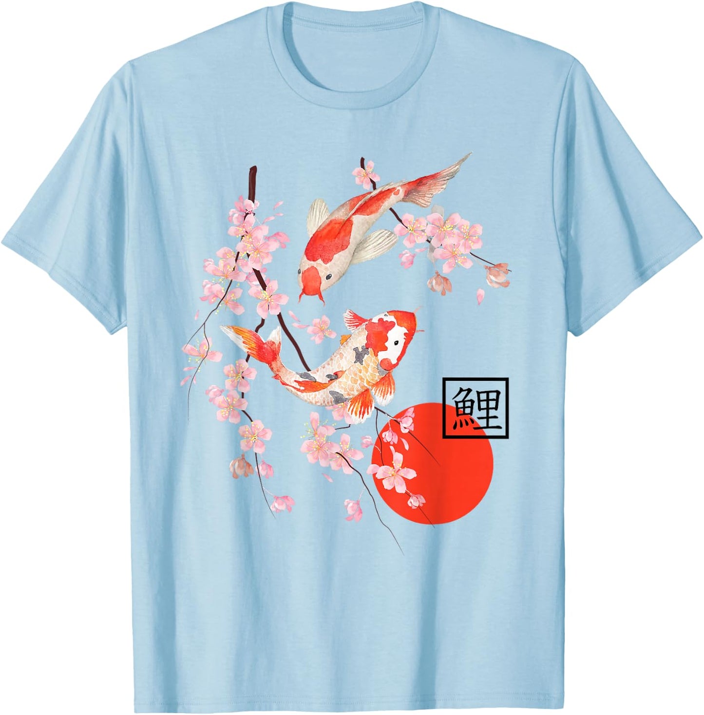 Cherry Blossom Koi Carp Fish Japanese Sakura Art Graphic T-Shirt - T-Shirt | Light Blue