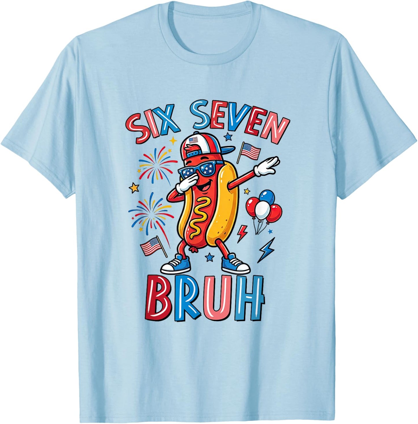 Six Seven Bruh 67 Meme 4th of July Hotdog Dabbing Boys Kids T-Shirt - T-Shirt | Light Blue