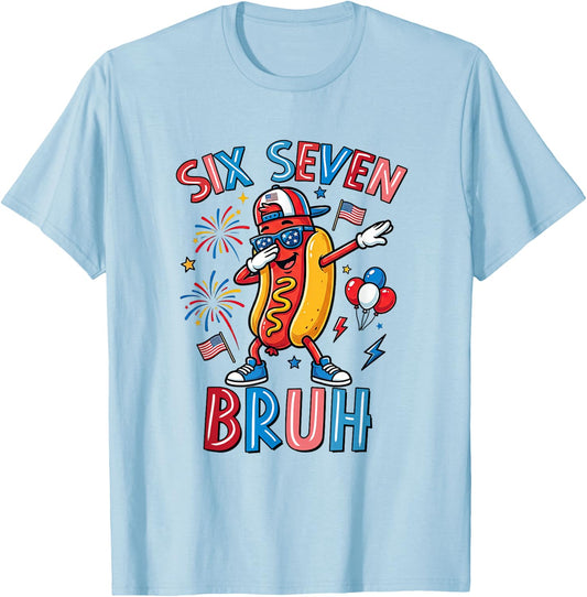 Six Seven Bruh 67 Meme 4th of July Hotdog Dabbing Boys Kids T-Shirt - T-Shirt | Light Blue