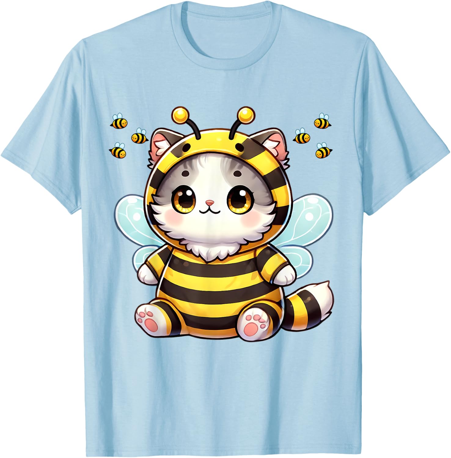 Bee Cat BeeCat Cute Funny Kitten Cat Dressed As A Bee Men Women Girls Kids T-Shirt - T-Shirt | Light Blue