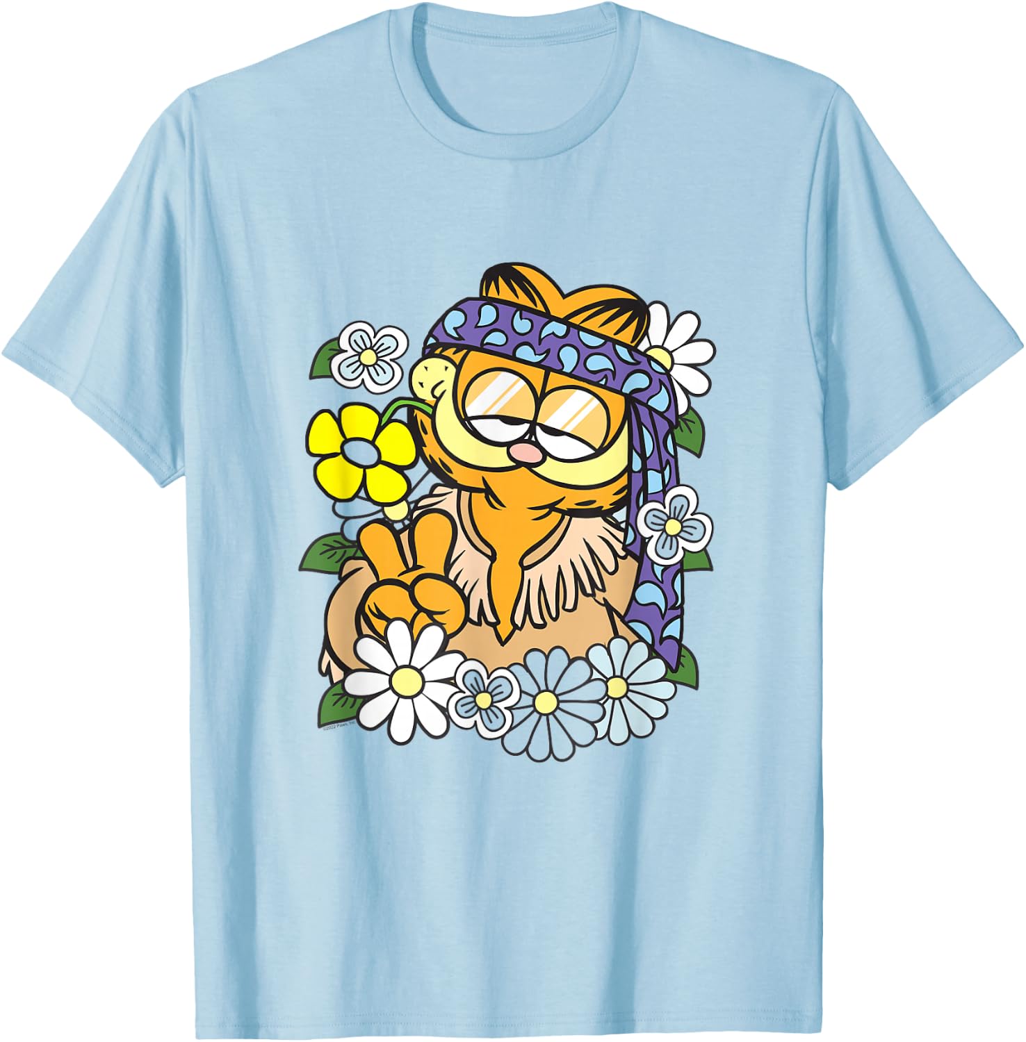 Garfield Hippie with Flowers Retro Cat Cartoon T-Shirt - T-Shirt | Light Blue
