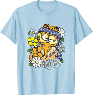 Garfield Hippie with Flowers Retro Cat Cartoon T-Shirt - T-Shirt | Light Blue