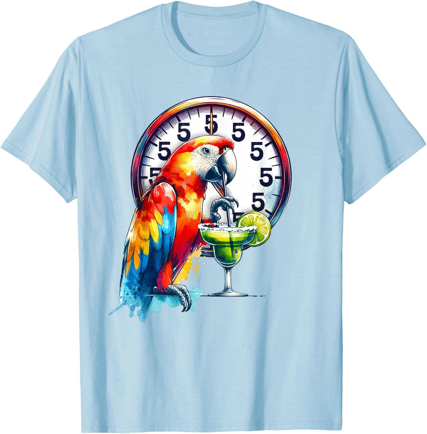 Always 5 O'clock Colorful Parrot Drinking Margarita T-Shirt - T-Shirt | Light Blue